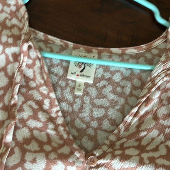 Self Esteem Pink/Peach Leopard Print Tie Front Blouse with Elastic Waist - Picture 2 of 4